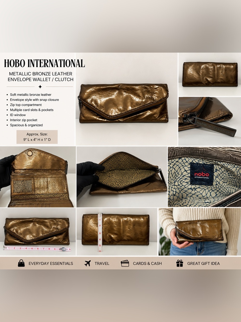 Hobo International Metallic Bronze Leather Envelope Wallet Clutch Organizer